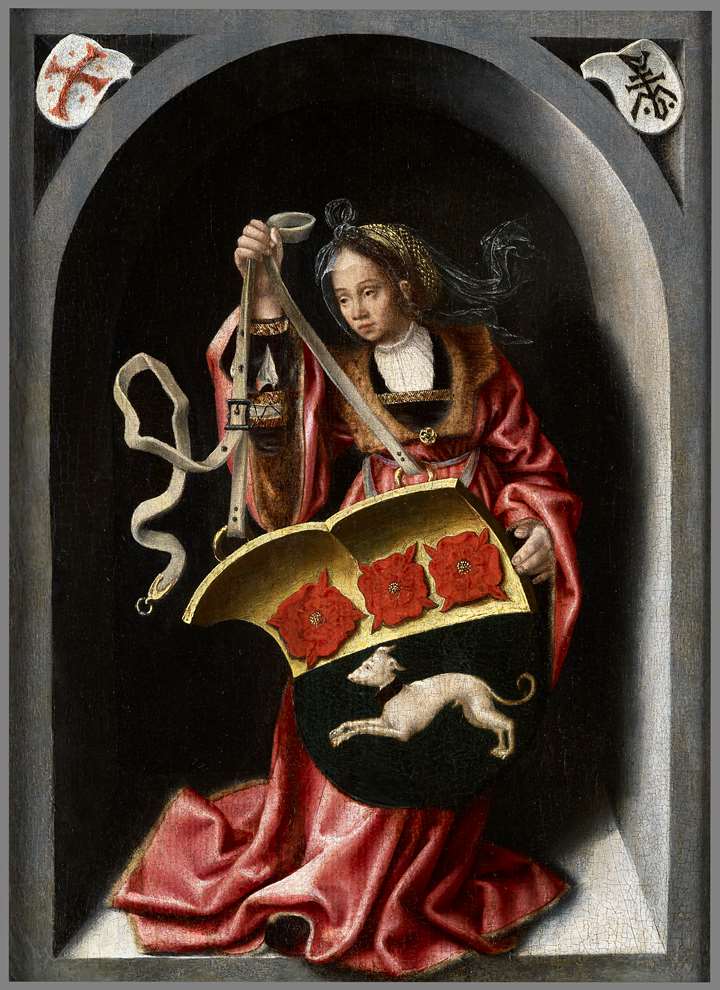 A Lady Holding a Heraldic Shield within a Painted Niche 